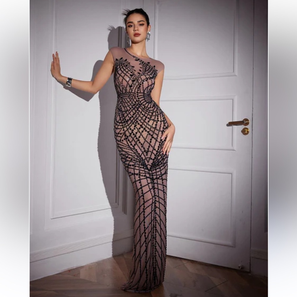 Alglist Printed Abstract Rhinestone Maxi Dress Elegant Black Sheer Nude Gown NWT